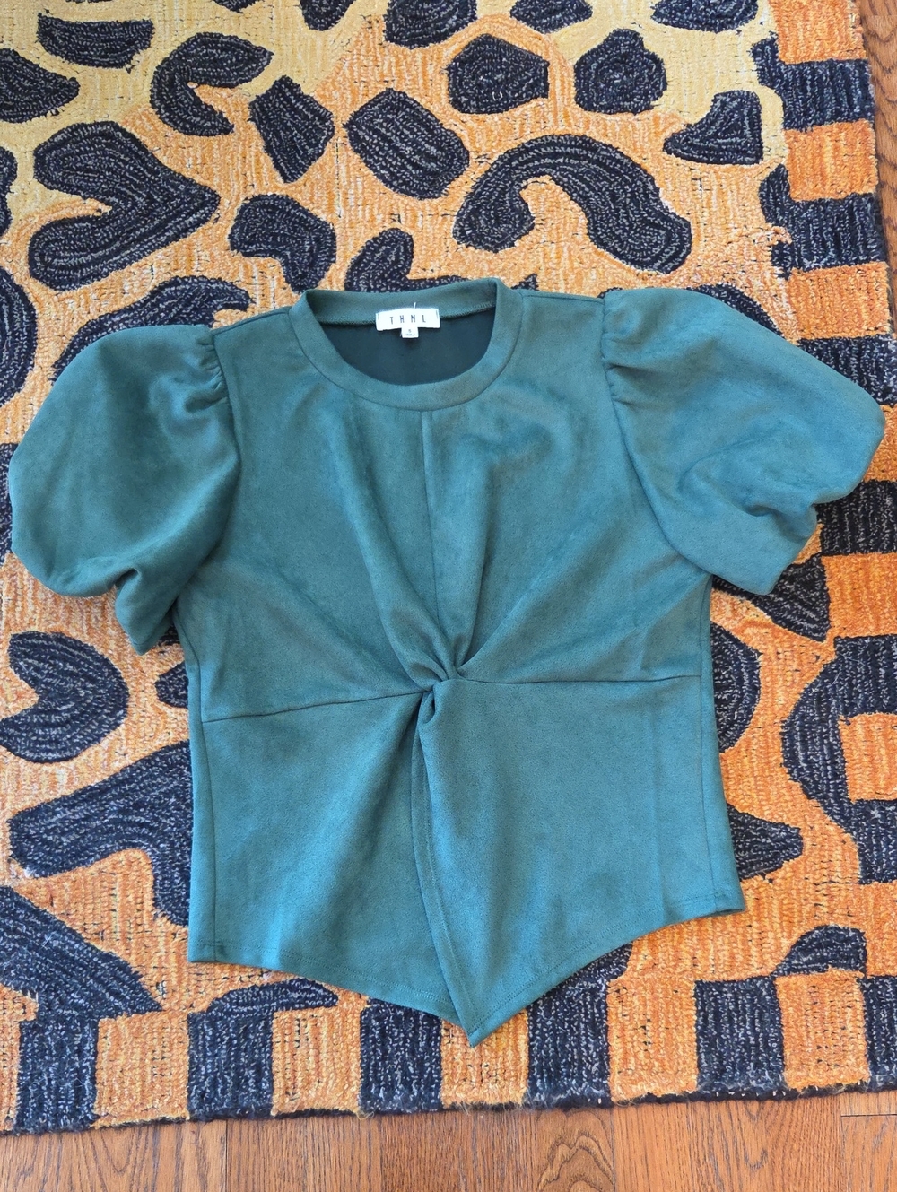 THML Green Twist-Front Faux Suede Puff Sleeve Top